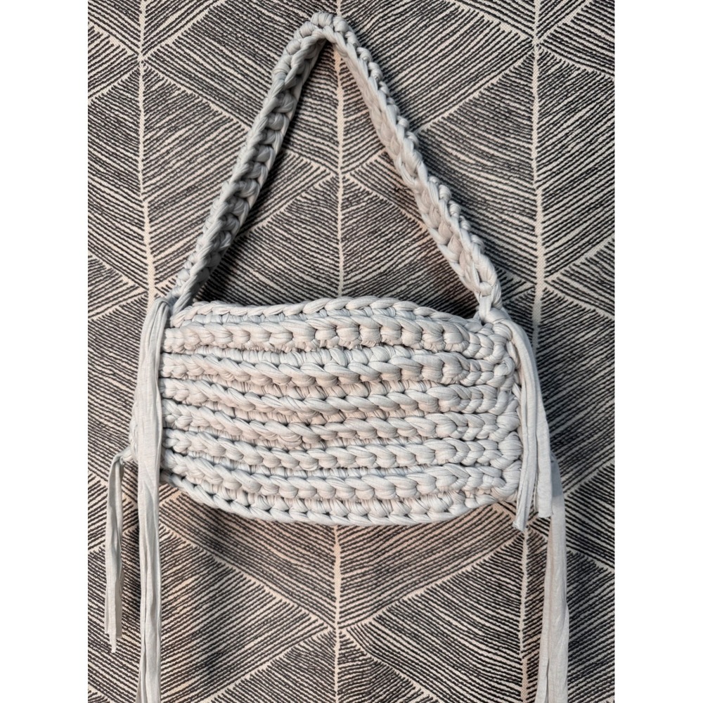 Chunky Knit Shoulder Bag Light Gray Boho Crochet Tassel Handbag